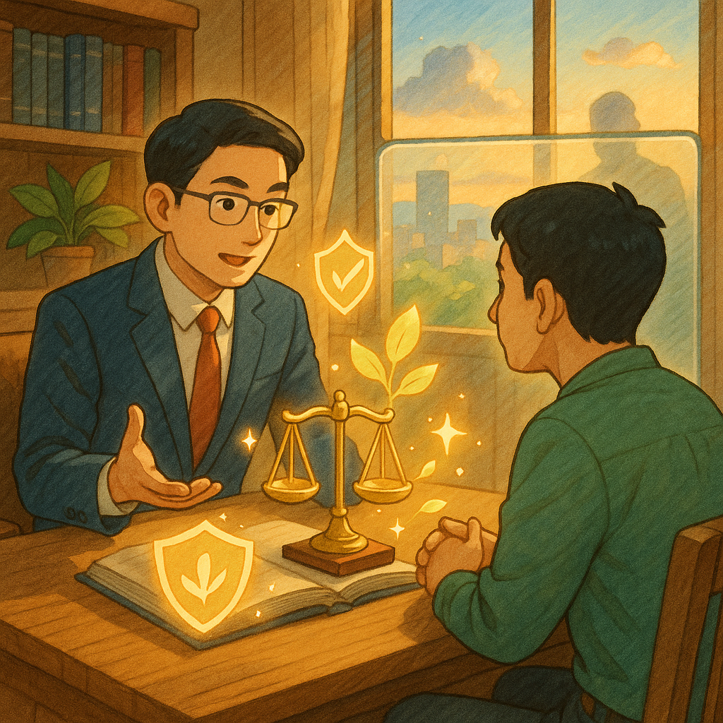 溫暖自然光下，台灣人律師與民眾在木質事務所諮詢，表情專注；桌上天平、盾牌與葉片化作發光符號環繞，象徵正當防衛；窗外柔和城市與雲海相映，半透明光牆阻擋模糊威脅身影，吉卜力式手繪質感，童趣又電影感。