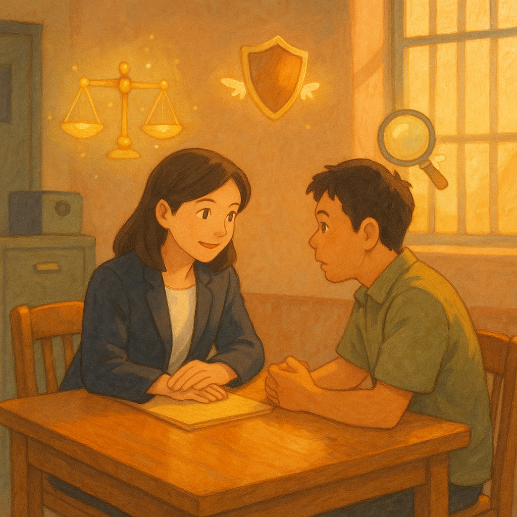 吉卜力式暖色場景：警局諮詢室中，一位台灣律師溫柔陪同台灣民眾對談，木桌映著自然光。空中飄浮柔光的天秤、盾牌與放大鏡小精靈，象徵權益、保護與解答釐清，手繪質感、魔幻寫實且無文字。