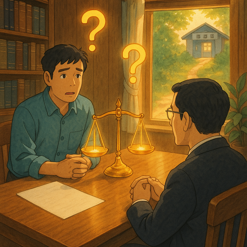 吉卜力風高解析插畫,手繪質感:台灣人當事人在溫暖木質事務所與台灣人律師對談,柔光灑入。桌上無字文件、發光天秤與漂浮問號環繞,遠處通往派出所的光之小徑象徵自首抉擇。