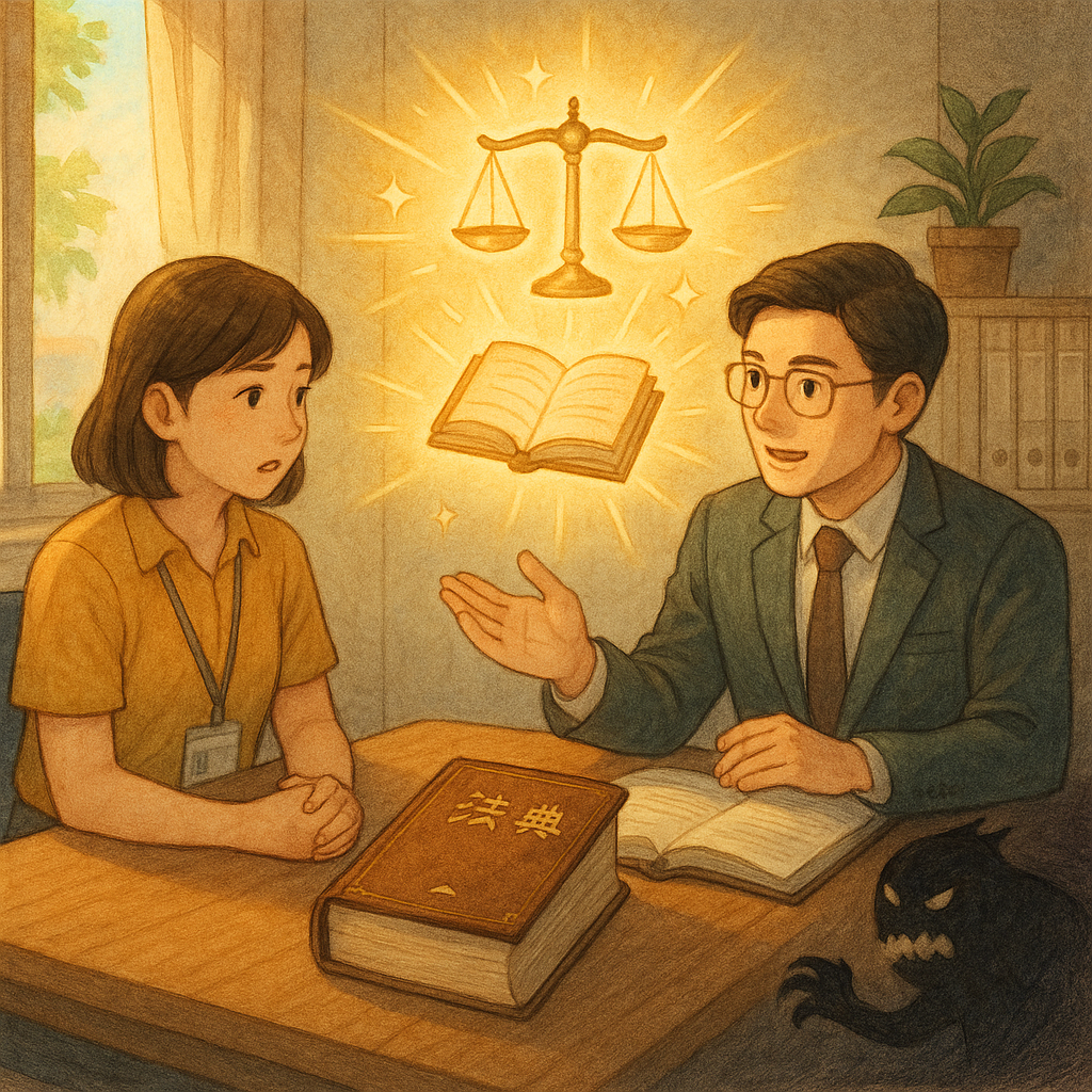 溫暖自然光下，吉卜力式溫馨電影感，台灣上班族與律師在會議桌前諮詢；高解析度手繪質感的法典、天秤與光束化作守護符，角落陰影化為縮小的霸凌怪影，寫實與奇幻交織，無文字。