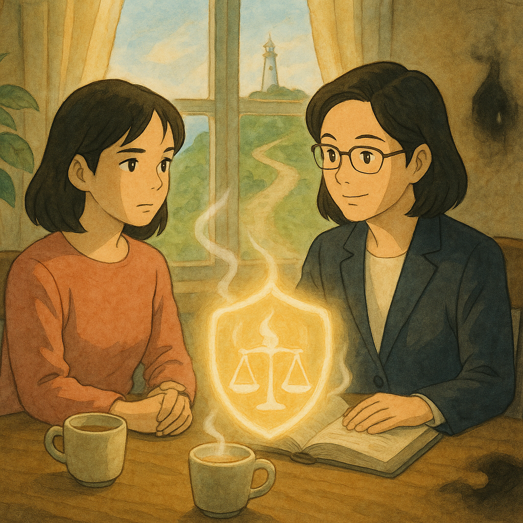 自然光下的諮詢室,兩位台灣人——女當事人與律師——端坐交流,神情堅定溫暖。茶杯蒸汽化作發光護盾與天平,象徵保護與法律;角落朦朧藥滴退散成黑影,窗外小徑通往燈塔,寓意行動與希望。無文字,吉卜力式手繪。