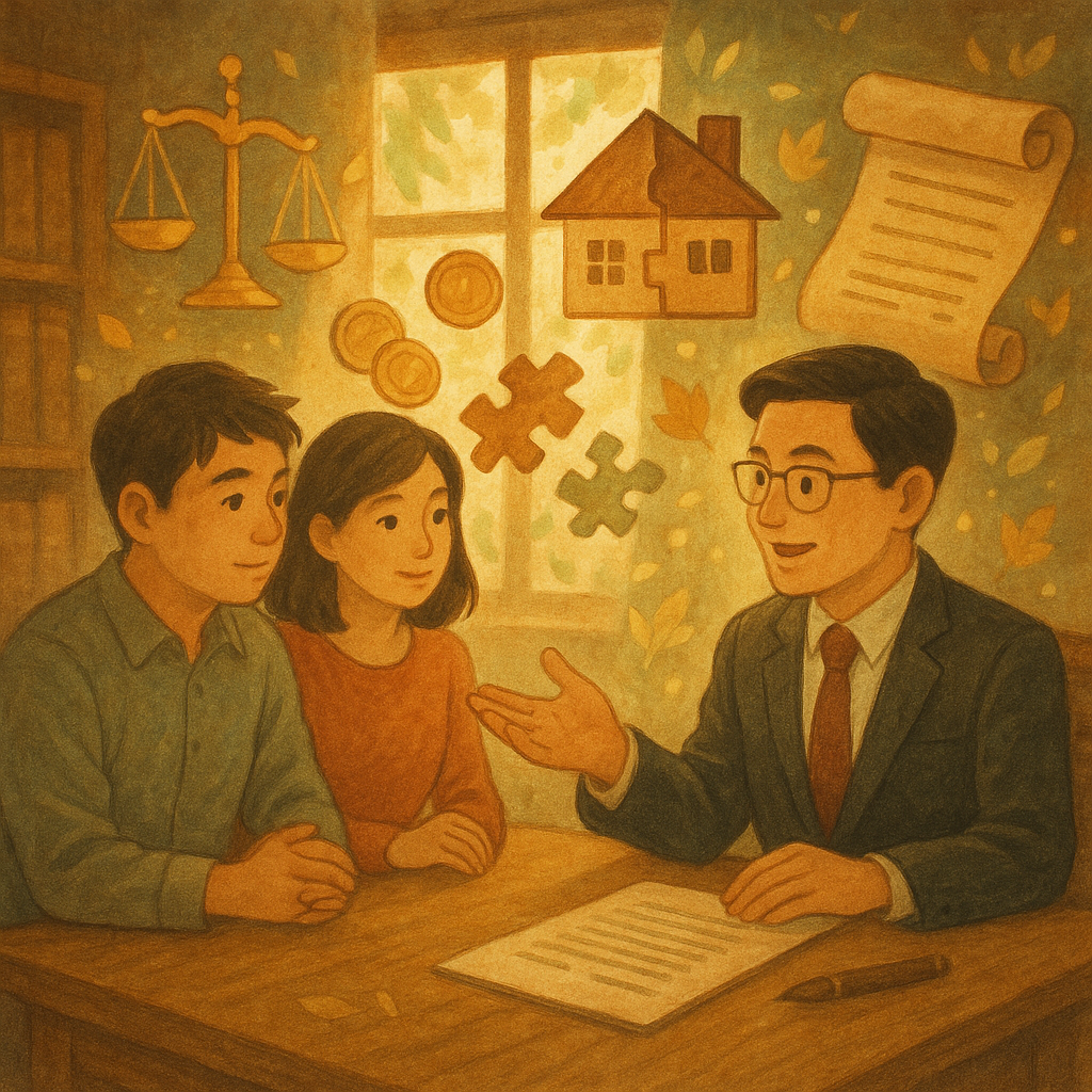 溫暖奇幻的手繪電影風：台灣夫妻與專業律師在木質事務所對談，柔光穿窗。周圍漂浮天秤、被分割的房屋、硬幣與契約卷軸、拼圖與樹葉光點，象徵夫妻剩餘財產分配、案例研討與爭議風險；畫面無文字，細膩質感。