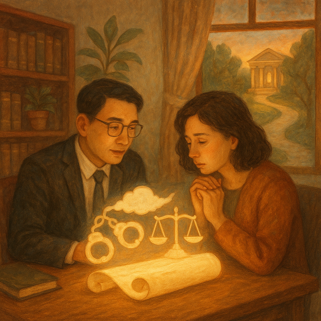 溫暖木質事務所裡,台灣律師與民眾表情細膩地低語商談;桌上發光的拘提票卷軸化作雲狀手銬與天秤,窗外通往法院的小徑如精靈引路,自然柔光與柔和色調及手繪紋理營造奇幻而專業的行動建議氛圍,畫面無文字。