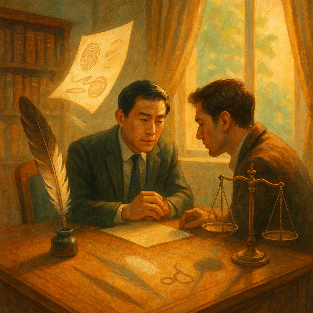 溫暖自然光與柔和色彩下的手繪律師事務所,奇幻電影感氛圍;台灣律師與當事人低聲會談;桌上羽毛筆投下兩道影子,一真一虛,漂浮文件化作指紋與印章幻象,天平微光搖曳,象徵偽造簽名與攻防思辨。無文字。