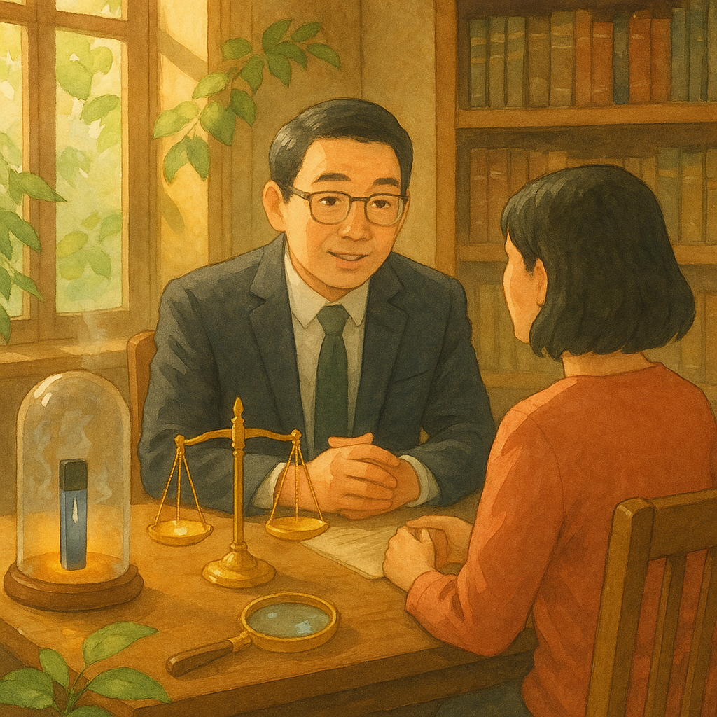 吉卜力般的柔和色調與手繪質感中，自然光灑落，暖色木質事務所裡，台灣律師與民眾對坐溫柔討論；玻璃罩內的依托咪酯煙彈微光浮現，發光天平與放大鏡環繞，綠葉輕動，寓意審慎結論。