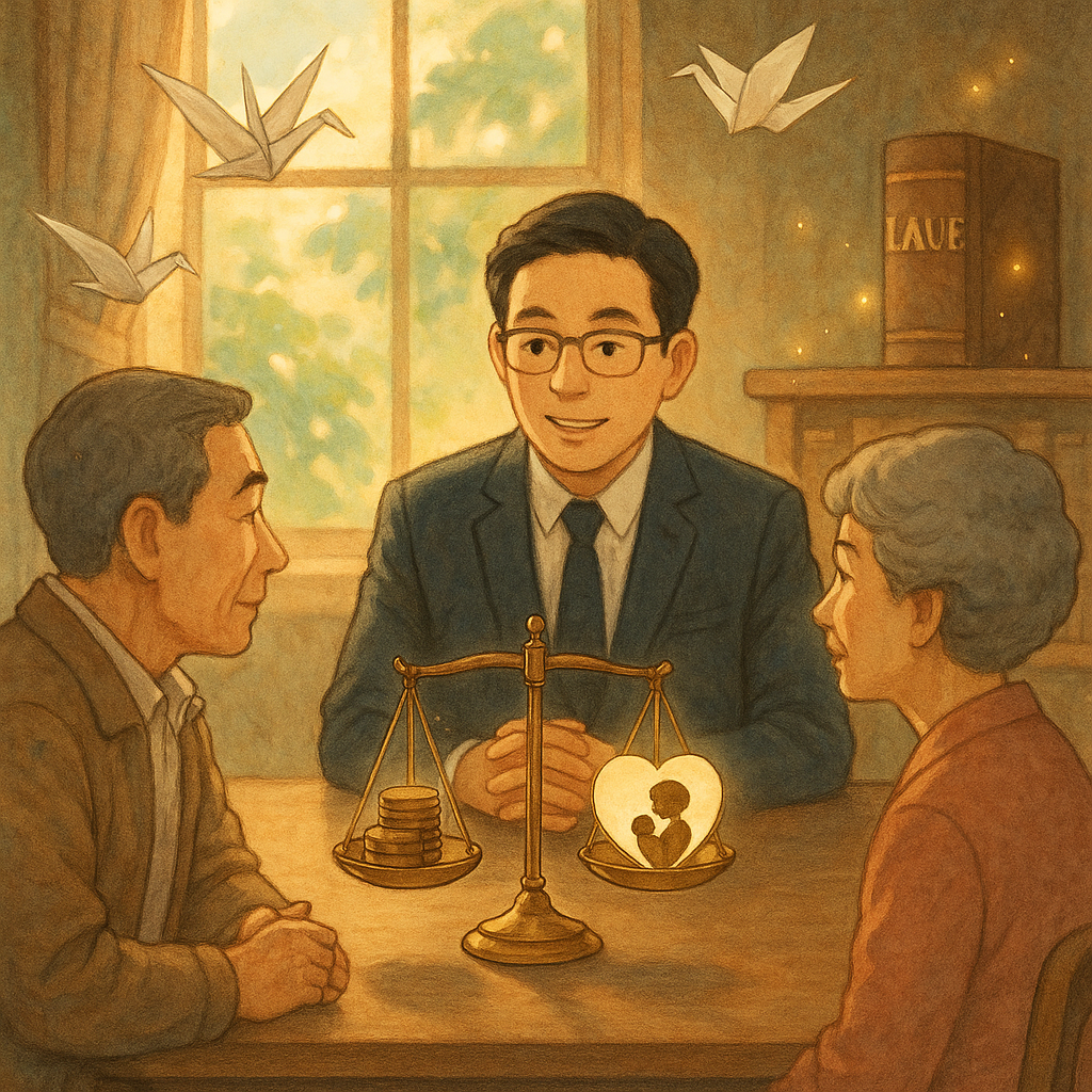 溫暖柔光的律師事務所內，台灣律師與父母面談，三人神情專業溫和；桌上天平一端是硬幣，一端是抱著心形的孩子剪影；漂浮紙鶴與微光法典營造吉卜力式魔幻手繪質感，窗外自然光與綠蔭映入，無文字。