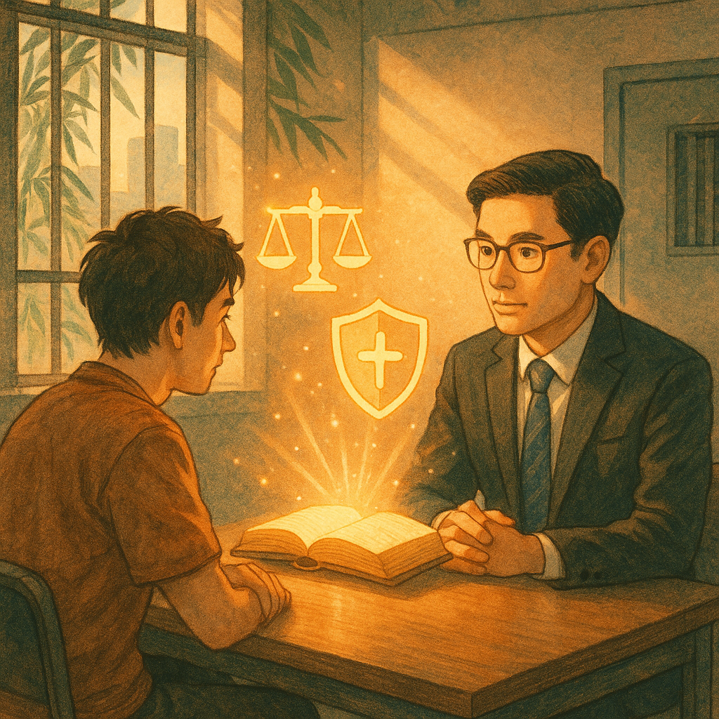 溫暖日系手繪風,高解析。台灣律師陪同當事人在偵訊室對坐,神情專注,柔光灑入;桌上化為發光法典與天秤、盾牌圖示緩緩漂浮,竹影與城市交融,細膩筆觸呈現理性與守護的魔幻氛圍。無文字。