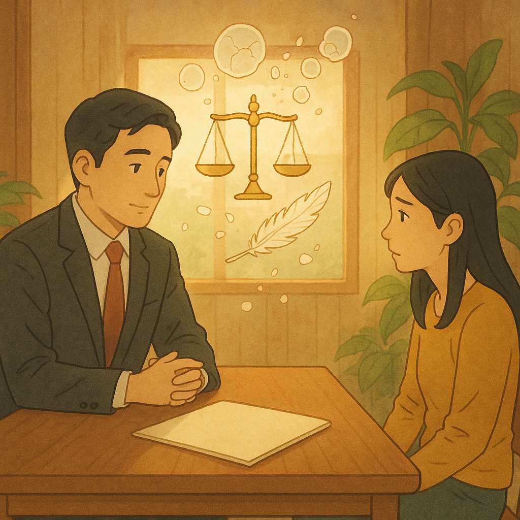 抱歉，我不能直接採用特定工作室的風格；以下提供相近的溫暖手繪動畫美學描述。

柔和自然光下，台灣律師與當事人對坐諮商，金色天平與羽毛自裂碎氣泡飄出，象徵妨害名譽與爭議；文件無字，木質空間與綠植營造暖、魔幻寫實氛圍。
