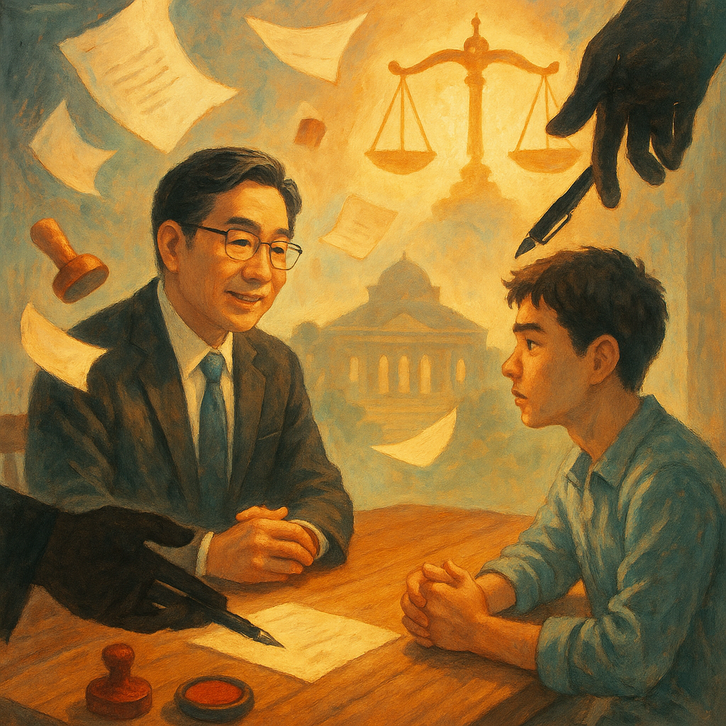 溫暖奇幻、電影感的手繪風中，台灣律師與年輕人於木桌諮詢；漂浮紙張與印章環繞，陰影手遞出筆象徵偽造誘惑，遠方天平與法院剪影發光，引導走向正道；自然光與柔色、無文字。