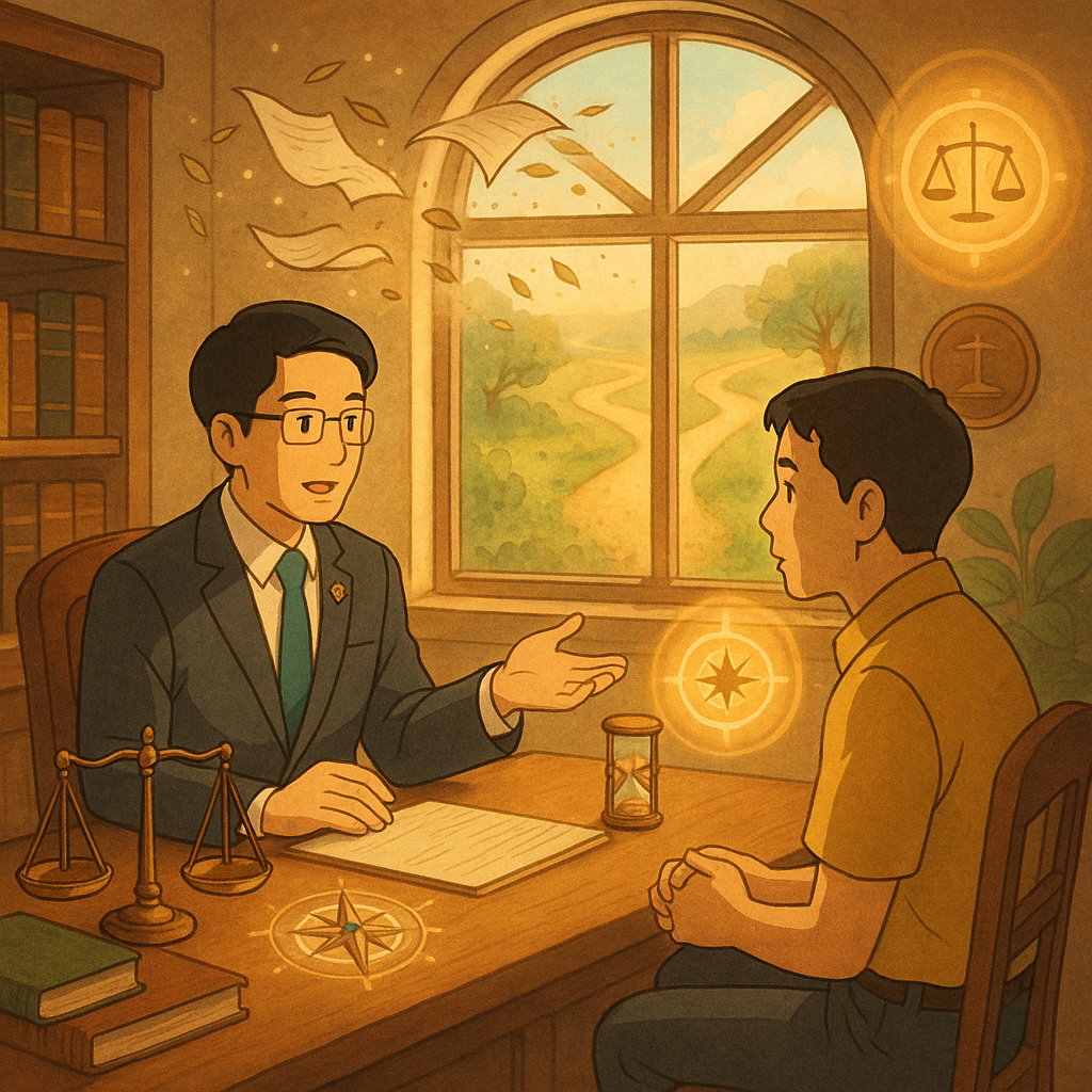 暖色吉卜力風律所一隅，台灣律師與當事人對坐諮詢。窗光灑落，手繪卷宗化作葉與細沙，天平、羅盤、沙漏與盾形光暈環繞，分岔小徑延伸，象徵爭議點、風險與策略；柔和自然光中指向緩刑條件的抉擇。畫面無文字。