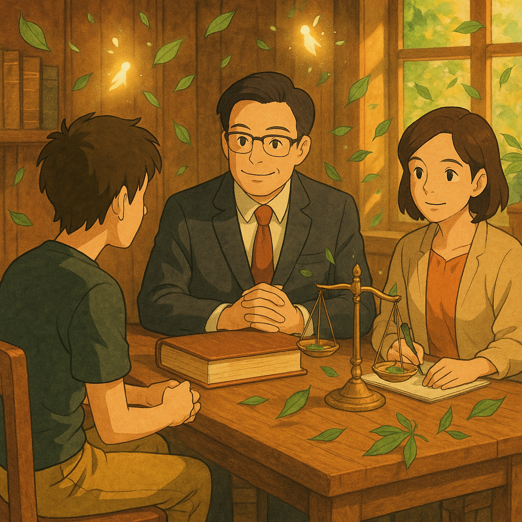 高解析度暖色系吉卜力風插畫:台灣律師與社工在木質諮詢室溫柔對談,引導年輕當事人。無字法典、天平、綠葉與流光精靈在空中飄浮,象徵毒品危害防制與復健;自然光與手繪質感營造魔幻卻專業的氛圍。