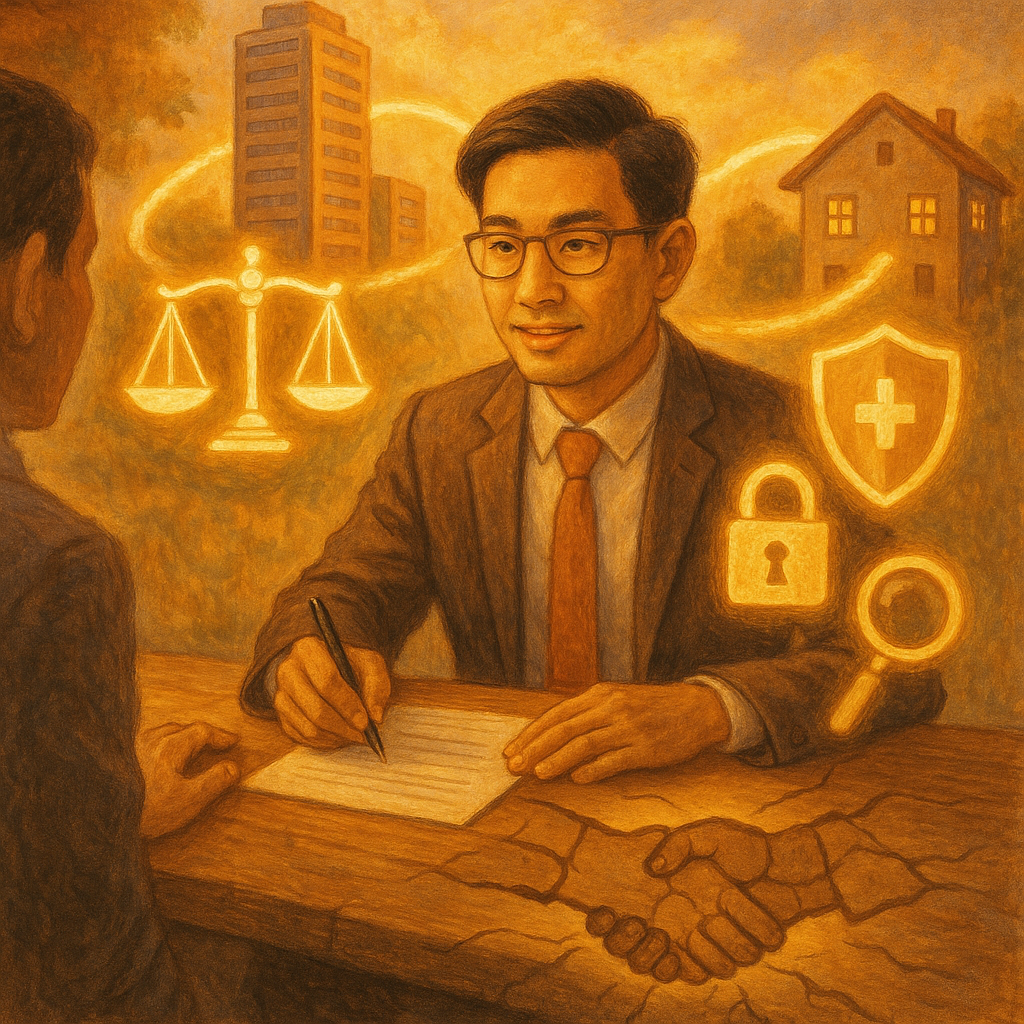 溫潤陽光下，台灣專業人士表情專注溫和在木桌諮詢，桌旁浮現發光天秤、盾牌、鎖與放大鏡；企業大樓與住家以光帶相連，地面投影成破裂握手，象徵防範背信與自保清單，手繪質感、奇幻暖意。