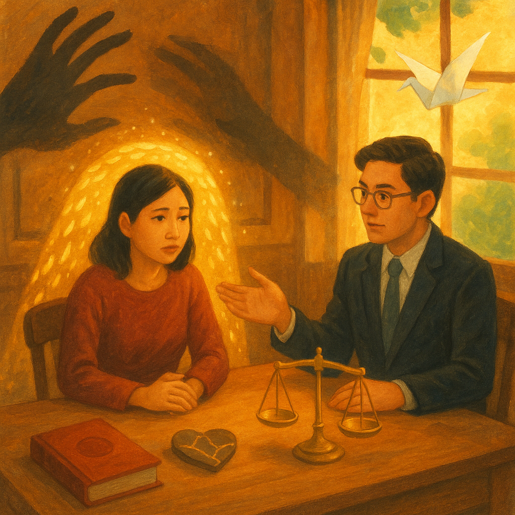 溫暖奇幻的手繪質感與電影般景深中，一位台灣女性在律師陪伴下於陽光木室諮詢；金色鱗光如護傘罩住她，陰影手勢退去。桌上有天平、無字判章與心形金繕，窗外晨光與紙鶴象徵重生與法律守護。