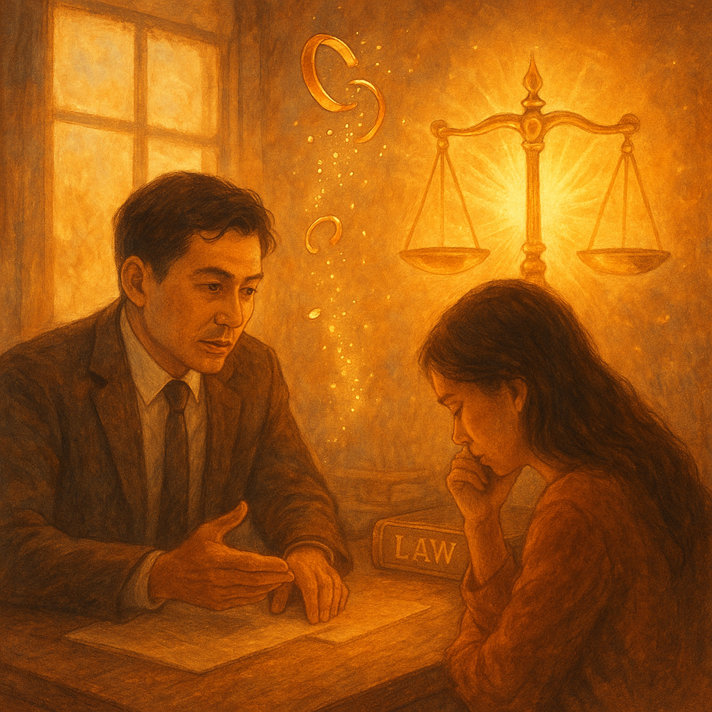抱歉，我無法直接仿效該特定風格；改以相近美學呈現：
暖陽灑落的律師事務所內，台灣律師與當事人低語諮商；斷裂婚戒化作光粒飛向發光天秤與法典，象徵通姦除罪後的民事求償轉化；手繪質感、自然光、奇幻暖調，畫面無文字。