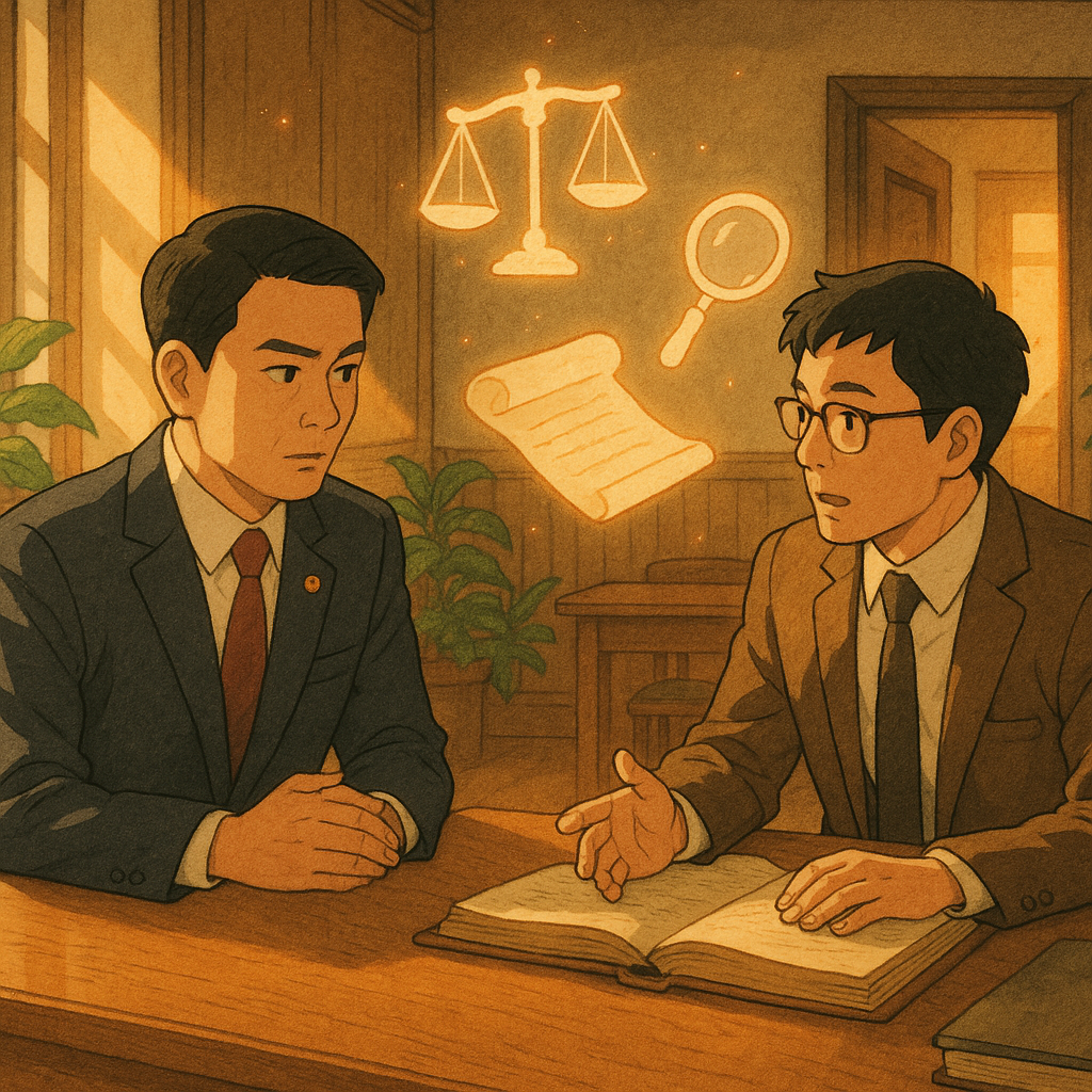 吉卜力風暖色場景：台灣人檢察官與律師在偵查庭相談，表情專注，柔光灑落；天秤、放大鏡與卷宗化作漂浮光影，木質紋理與綠植環繞，遠處門扉微啟，暖光引路。