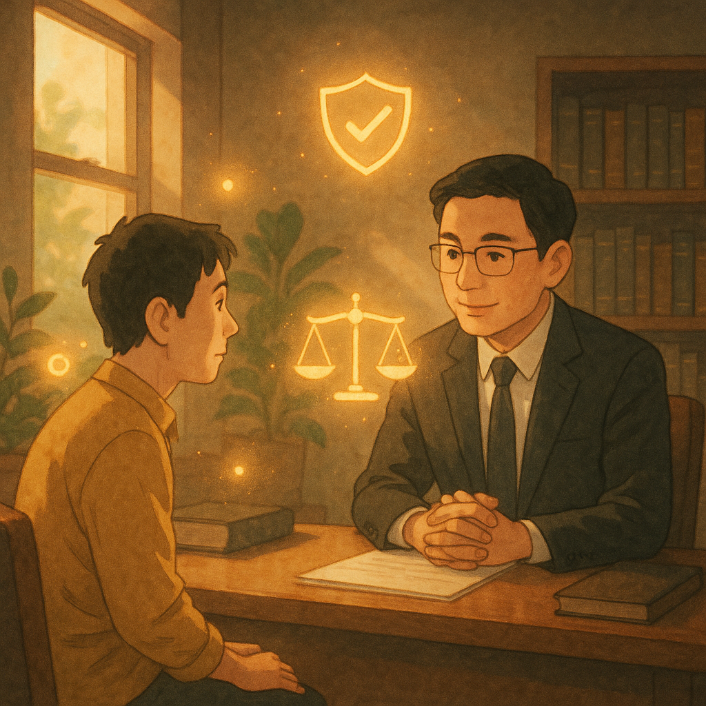 溫暖自然光的手繪動畫風法律諮詢室，台灣律師與民眾對坐、神情真誠，周圍飄浮象徵：隱約相機剪影、盆栽間若隱若現的小型錄音裝置光點、發光正義天秤與守護盾，柔和色調、奇幻沉浸、電影感，畫面無文字。