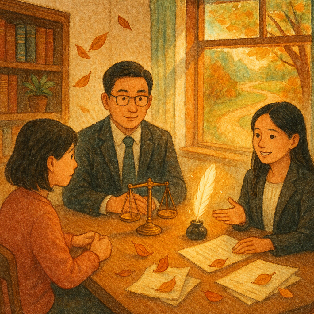 日系奇幻筆觸下的溫暖事務所裡，兩位台灣律師與當事人圍桌交談；陽光灑落、手繪質感細膩。桌上天秤、發光羽筆與化作落葉的文件暗示偽造簽名風險，窗外蜿蜒小徑象徵行動指引，全畫無文字。