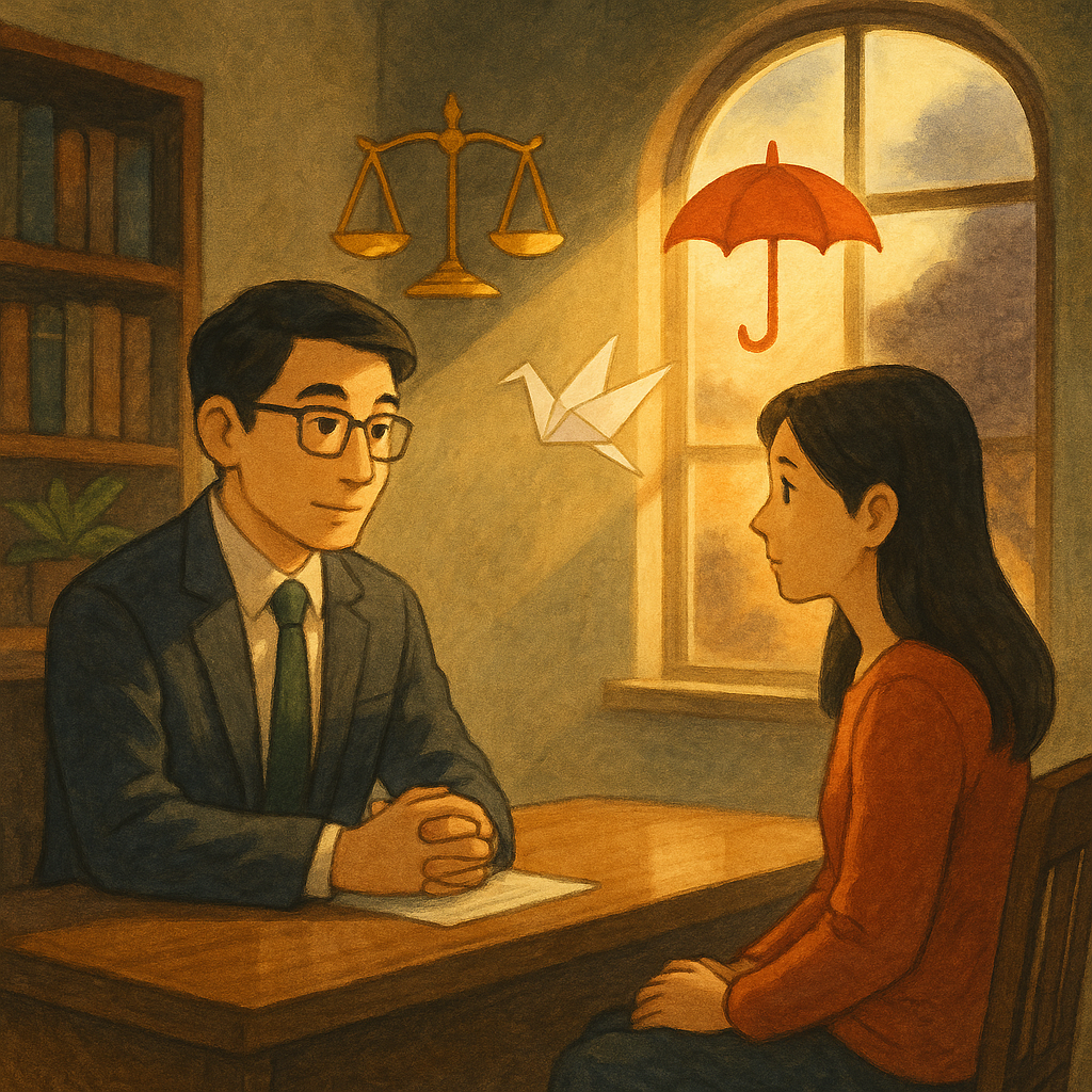 溫暖奇幻手繪動畫風，高解析。自然光灑入諮詢室，台灣律師與台灣當事人對坐，神情專業溫柔。漂浮天秤、護傘與紙鶴象徵法律與保護；窗外陰影被光暈隔絕，傳達親密關係暴力之實務與爭議。畫面無文字。