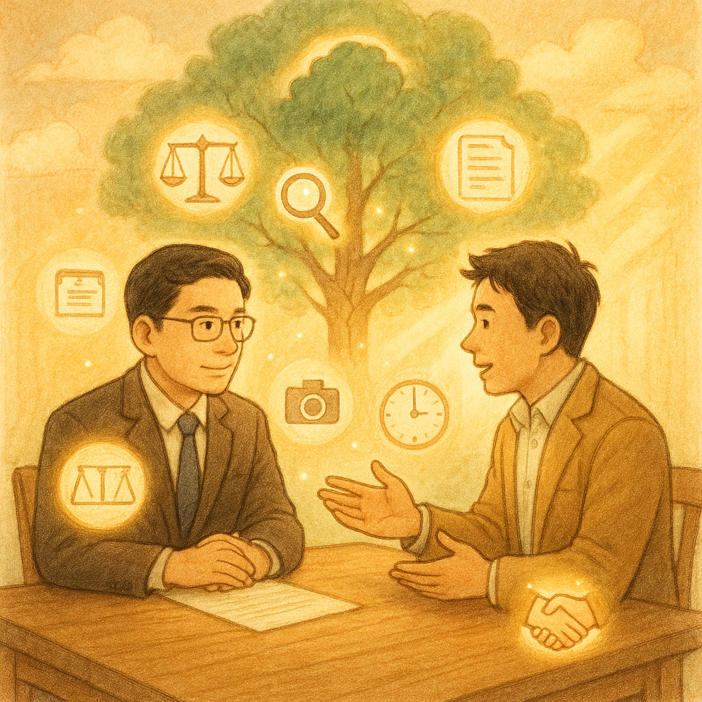 溫暖手繪場景:台灣律師與企業主在木桌前諮詢,柔光灑入。桌面環繞七個發光圖示(天秤、放大鏡、文件、相機、時鐘、郵件、握手),象徵蒐證與求償流程;背景朵雲化作商譽之樹,樹幹微有裂痕,光點修復,無文字。