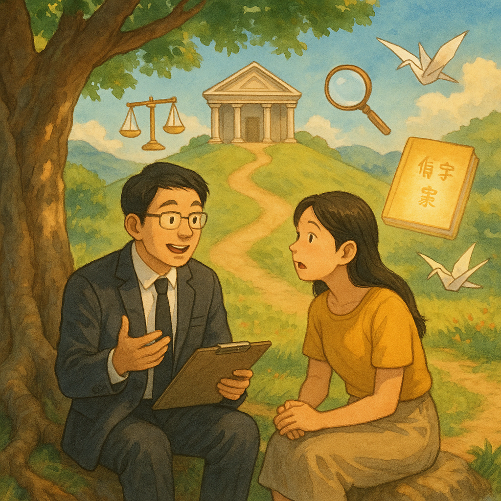 吉卜力風、溫暖柔和自然光與手繪質感下，表情生動的台灣律師與當事人於榕樹旁諮詢；前方法院形似山丘，分岔兩徑通往兩個發光與朦朧卷宗，天平、放大鏡與飛舞紙鶴環繞，象徵偵字案與他字案的抉擇與行動呼籲。