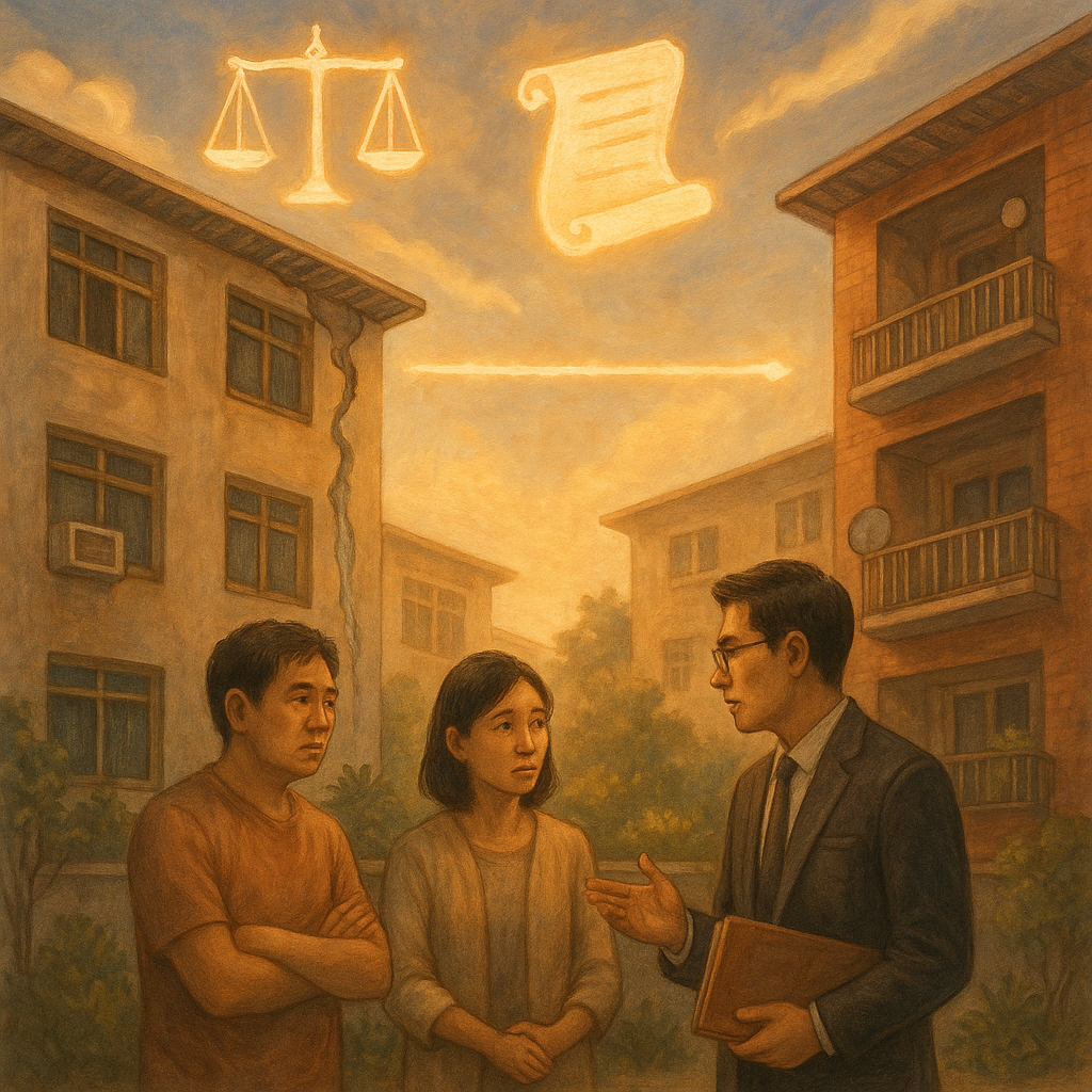 溫暖奇幻的手繪場景：兩棟相鄰台灣公寓，一側施工引發牆裂與滲水，柔光灑落。兩位台灣人與專業律師在庭院商談，表情細膩，天際浮現象徵性的天平、契約卷軸與邊界線發光。自然色調、細膩筆觸、電影感景深，無文字。