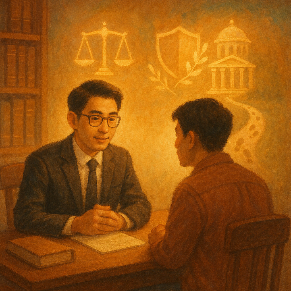 溫暖奇幻的電影感手繪風中，台灣律師與市民在木質書桌前諮詢；柔光灑落，浮現發光的天秤與盾牌、橄欖枝與腳印小徑連向法院，象徵正當防衛與行動；無文字。