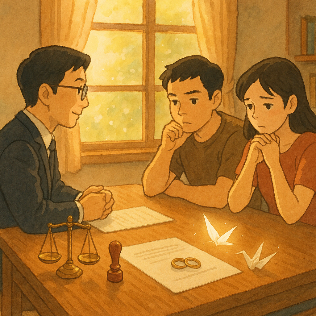 吉卜力風格的溫暖場景：台灣律師與一對正沉思的台灣夫妻在木桌前諮詢，柔光映窗。桌上有天平、印章、離婚協議與緩緩分離的兩枚戒指，紙鶴與微光象徵新的開始，手繪質感，無文字。