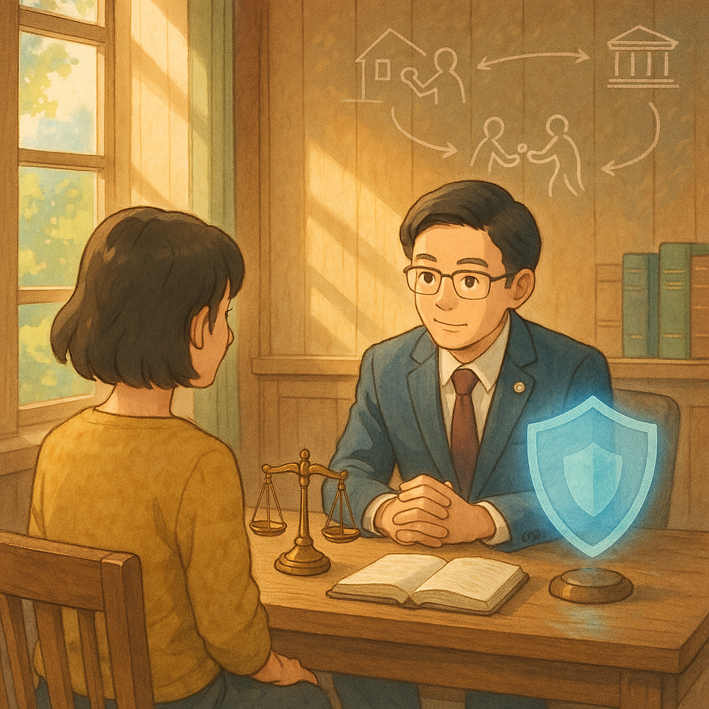 高解析度、溫暖奇幻的日式手繪動畫風、柔和色彩：台灣律師與當事人在木質事務所對談，窗外灑落自然光。桌上天平微光，半透明盾牌環繞象徵正當防衛；牆面浮現無字案件小場景與流動路徑，寓示案例研究與應對策略。