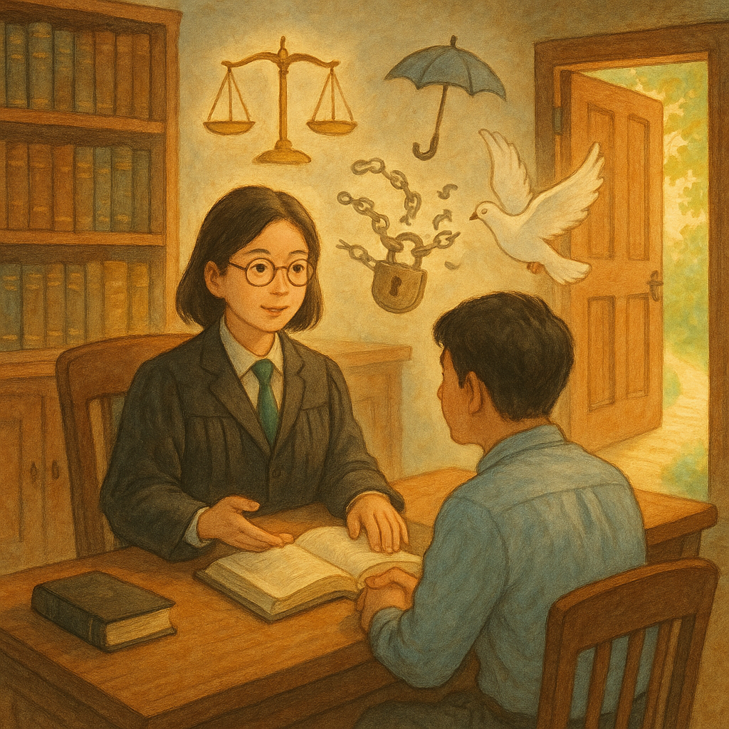 吉卜力風高解析手繪插畫：溫暖自然光、柔和色調的木質律所內，臺灣律師與當事人諮詢。周圍漂浮天秤、解開鎖鏈化作白鴿、敞開的門與發光小徑、指南針與保護傘，象徵妨害自由的解方與行動建議；畫面無文字。