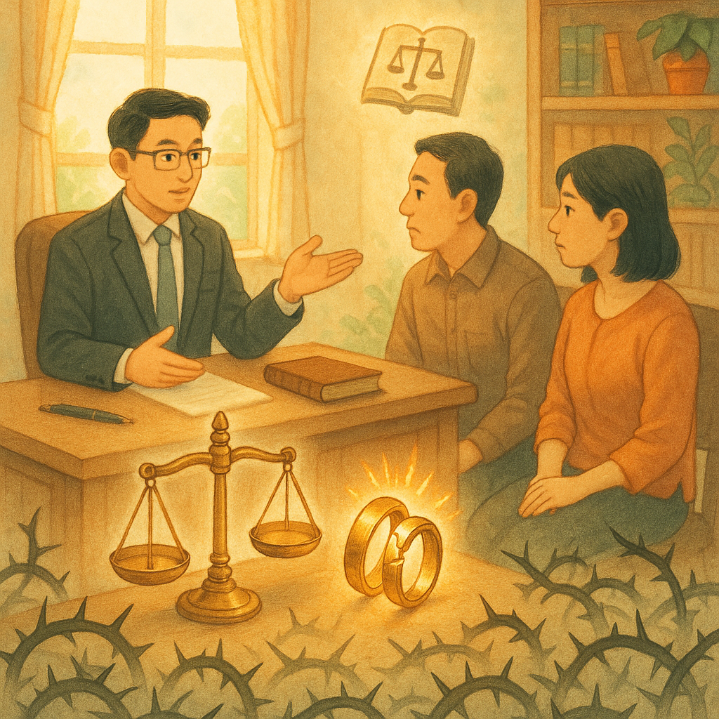 在溫暖自然光、柔和色彩的手繪律所裡，一位台灣律師引導一對台灣夫妻；桌上天平與微裂婚戒發光，象徵侵害配偶權與爭議。地面若隱若現的荊棘雷區與漂浮法典圖示增添奇幻氛圍，畫面無文字。