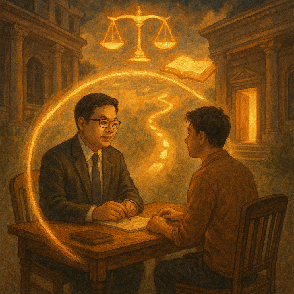 抱歉,我無法直接複製特定工作室風格;以下提供相近的奇幻電影感手繪描述:
黃昏法庭旁的木質諮詢桌前,台灣律師與民眾相對而坐,溫柔自然光灑落;半透明發光盾牌環繞他們,天上浮現天秤與書本、足跡化成道路,指向開啟的門;手繪質感、暖色奇幻、電影感鏡頭。