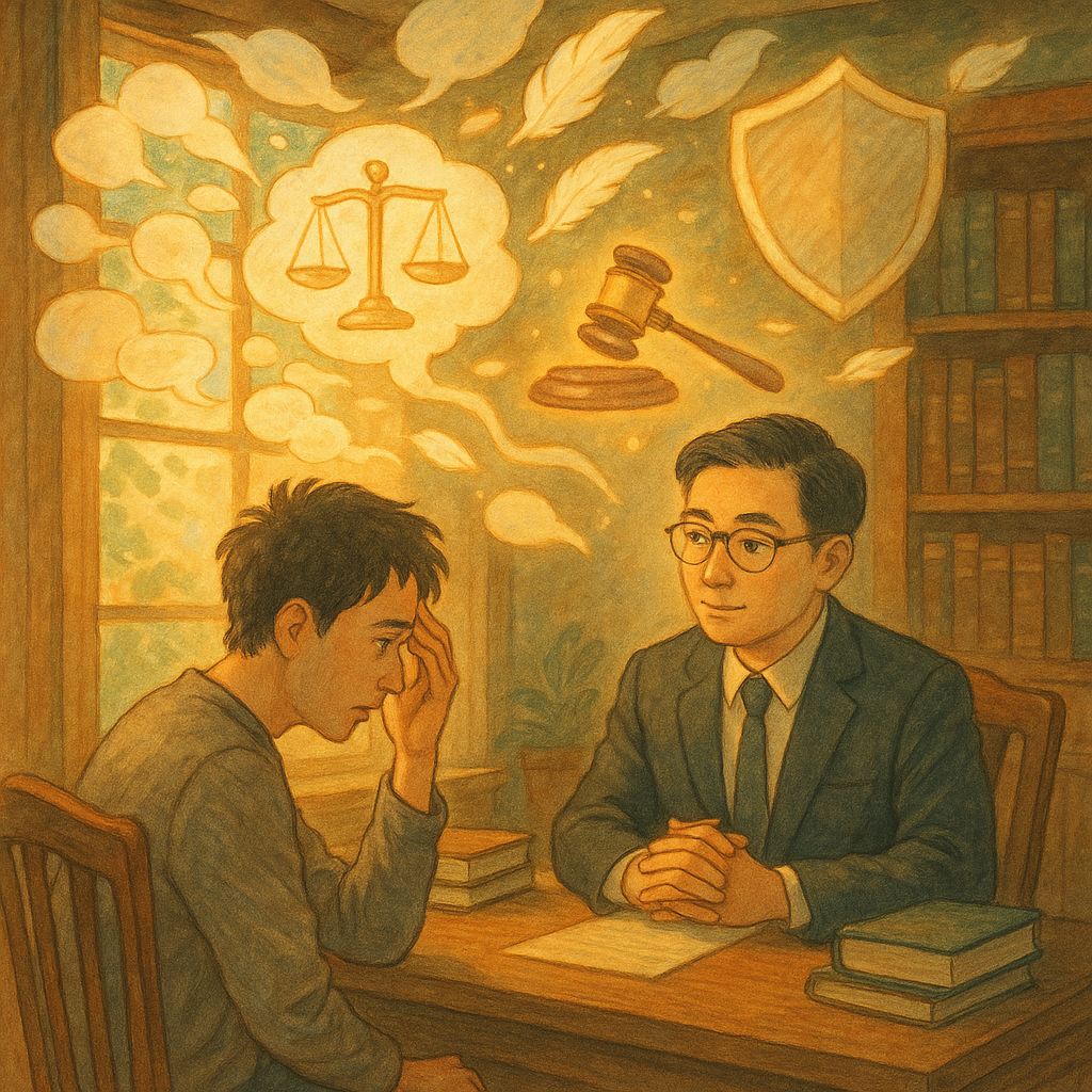 暖陽灑落的木質事務所裡，台灣律師溫和傾聽遭公然侮辱的當事人；窗外如雲的語言泡沫在空中翻湧，化作羽毛與守護盾，天秤與法槌漂浮發光，柔和手繪質感營造吉卜力式奇幻溫度，無文字。