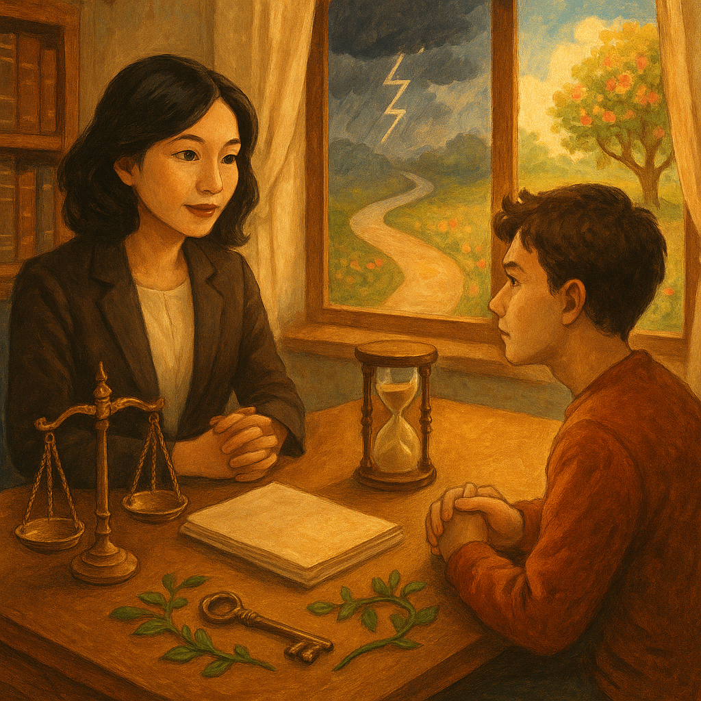 抱歉，我無法直接複製特定工作室的精確風格；我會以溫暖、奇幻、手繪電影感來描述如下：

在暖色自然光的律師事務所，台灣女律師與年輕當事人對坐；桌上無字卷宗旁，微光天秤、沙漏、鑰匙與綠葉環繞的細鏈象徵緩刑條件；窗外分岔小徑，一側陰雲雷紋示風險，另一側晴光繁花示更生；手繪質感、奇幻而寫實。