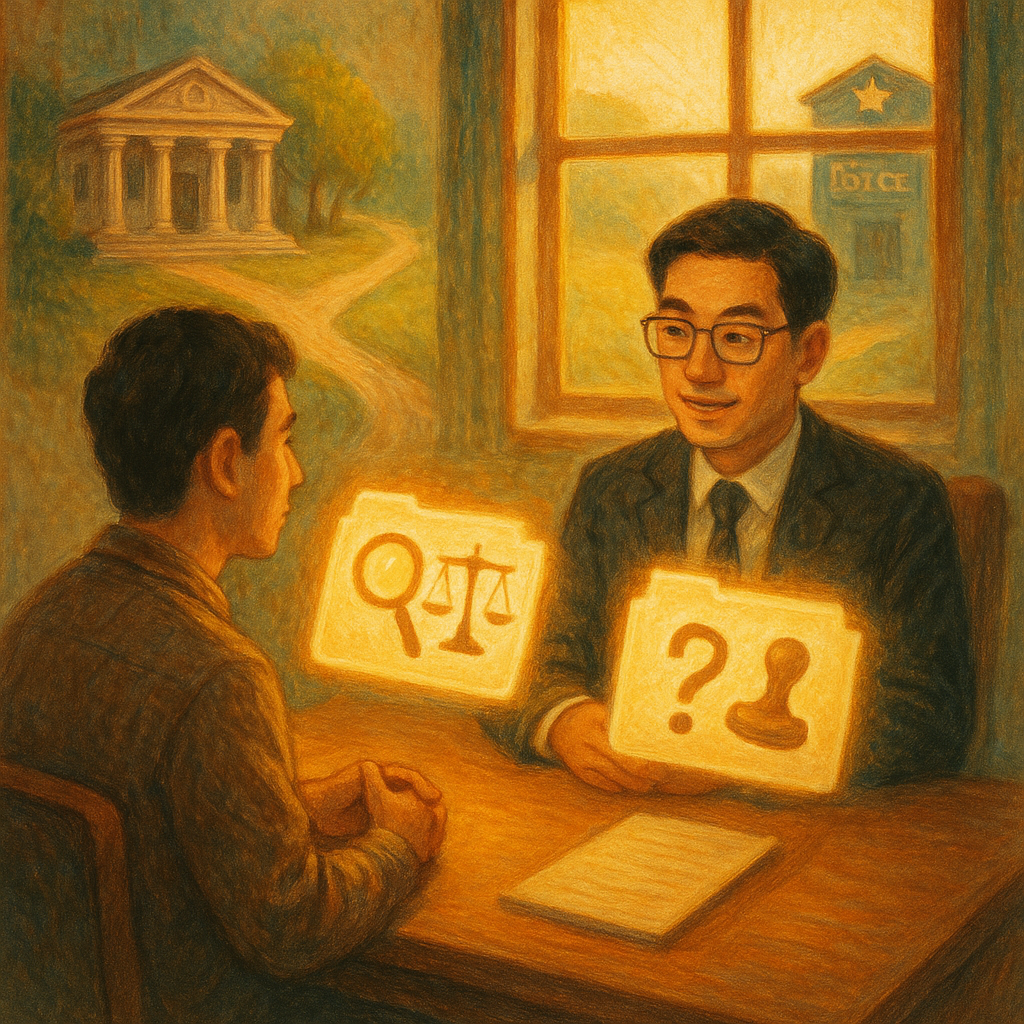 溫暖手繪風格場景：台灣律師與當事人對坐諮詢，桌上兩份檔案夾化作漂浮光影，一個帶放大鏡與天秤，另一個為問號與印章；分岔小徑延伸至法院與警局象徵，晨光穿窗，電影感構圖，細膩筆觸、無文字，奇幻而寫實。