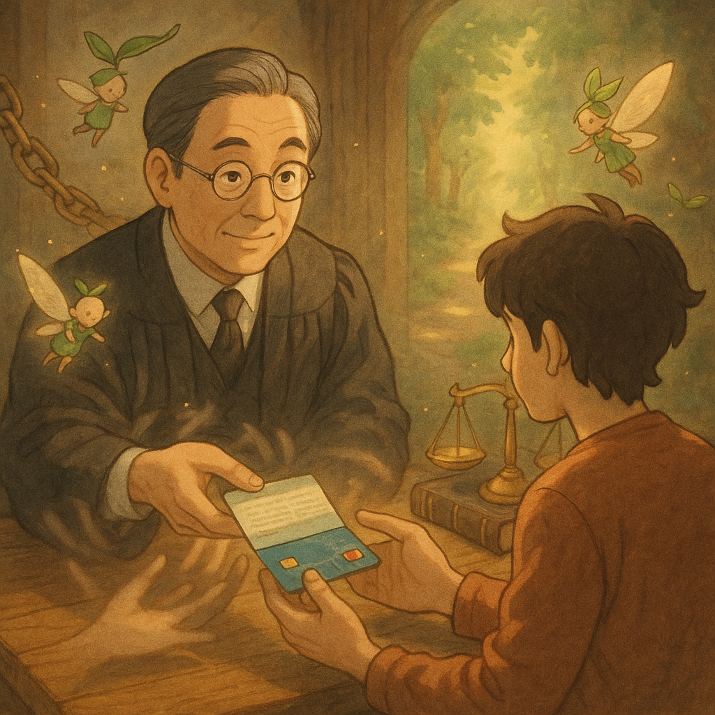 柔光下的台灣人律師與年輕人於木桌旁諮詢,朦朧手影傳遞存摺與銀行卡,鎖鏈、天秤與綠芽化作小精靈環繞;吉卜力式奇幻電影感,遠處光之小徑引導正確行動,手繪質感、暖色自然光,畫面無文字。