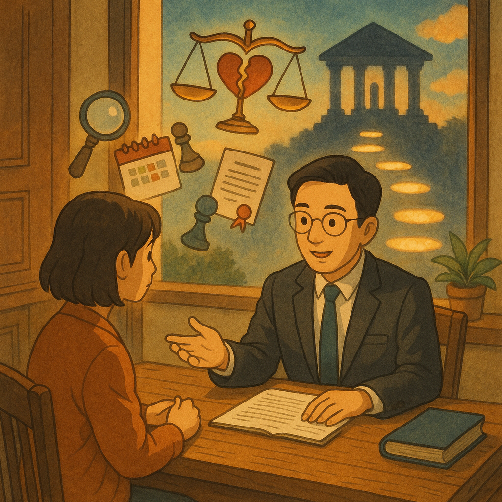 吉卜力風格暖光與手繪質感,台灣律師與當事人在木桌諮詢;窗外七顆發光石階通往法院剪影,漂浮天秤、合約、日曆、棋子與放大鏡,象徵談判前中後流程與訴訟備案;破碎心形化為天秤寓意通姦除罪後求償;畫面無文字。