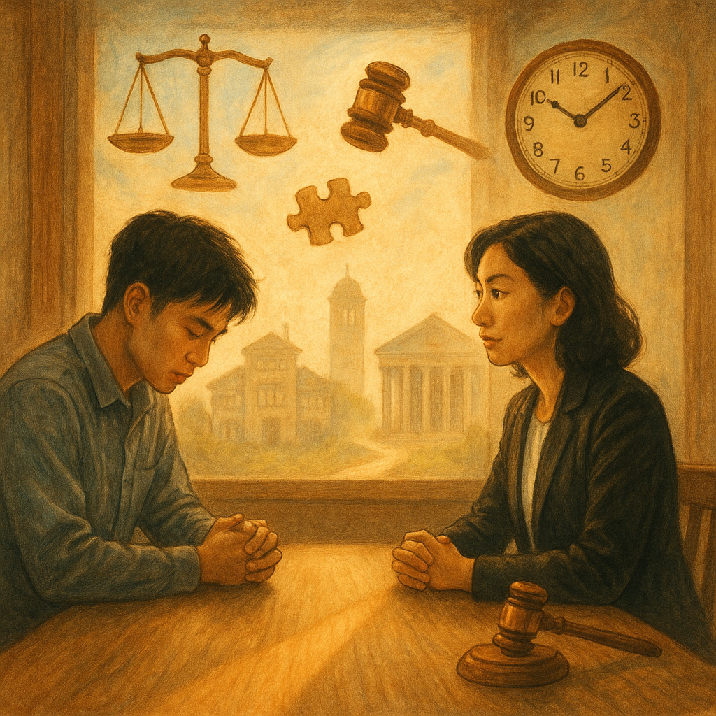 溫暖自然光下，兩位台灣人於木質事務所對坐：一位年輕男子低首沉思，專業律師傾聽。天光化作天秤、法槌、時鐘與拼圖在周圍漂浮，遠景柔焦警局與法院剪影相望，光小徑自桌邊延去，手繪質感、奇幻寫實，無字畫面。