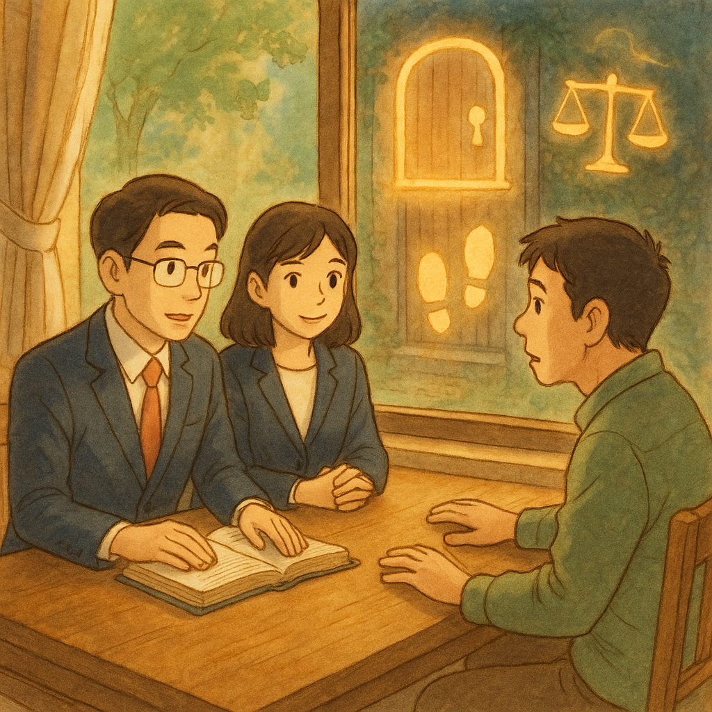 柔光下,兩位台灣律師與住戶在木桌前諮詢,窗外屋門邊緣浮現發光門檻、鑰匙孔與腳印等符號,天平與法槌若隱若現,手繪溫暖魔幻的日本動畫電影風格。