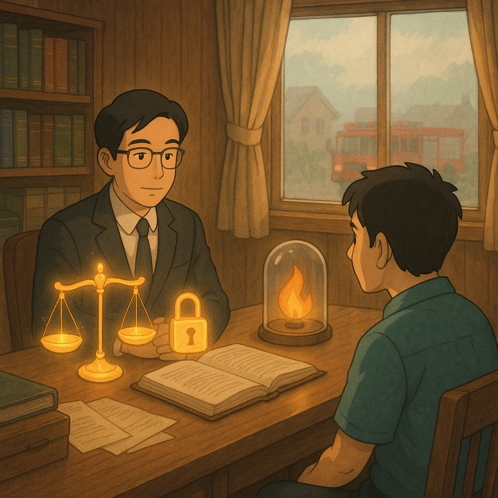吉卜力風格插畫、電影感：柔光木質事務所內，台灣人律師與民眾諮詢；桌上漂浮發光的天秤與鎖，玻璃罩內溫和小火苗象徵縱火罪，窗外遠處朦朧消防車與屋影。手繪質感，溫暖奇幻，無文字。