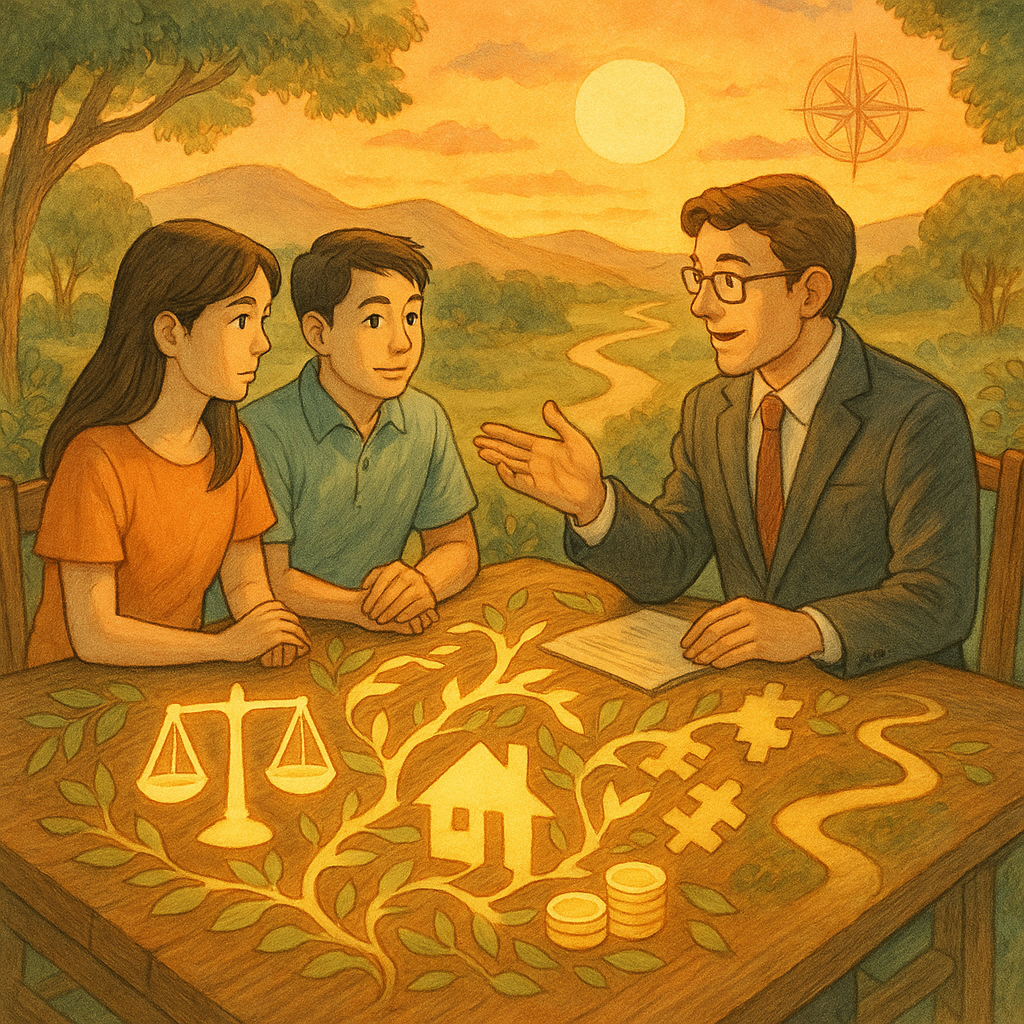 溫暖黃昏下,台灣夫妻與專業律師在木桌前諮詢,自然光柔和。桌上浮現天平、房屋與金幣圖標化光影,化作枝葉與拼圖分割流動,遠處指引羅盤與蜿蜒小徑象徵行動指引。吉卜力風手繪質感,寫實與奇幻交融,無文字。