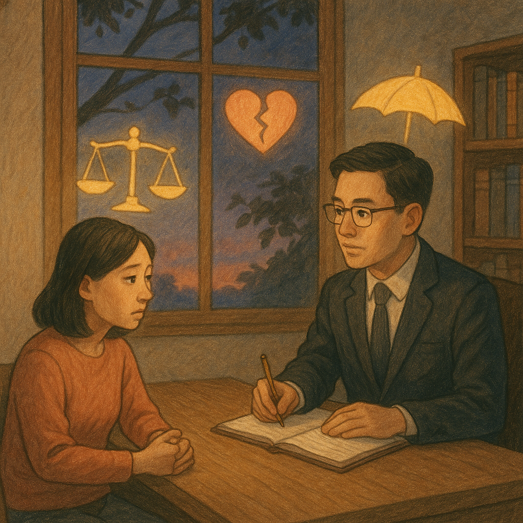 柔光木質事務所中，台灣女性當事人與台灣律師對坐諮詢；窗外暮色與風拂樹影，手繪質感溫潤。桌旁漂浮象徵性圖像：微光天秤、碎裂墜飾與保護傘，暗示約會性侵的創傷與法律援助，無文字，奇幻而寫實。