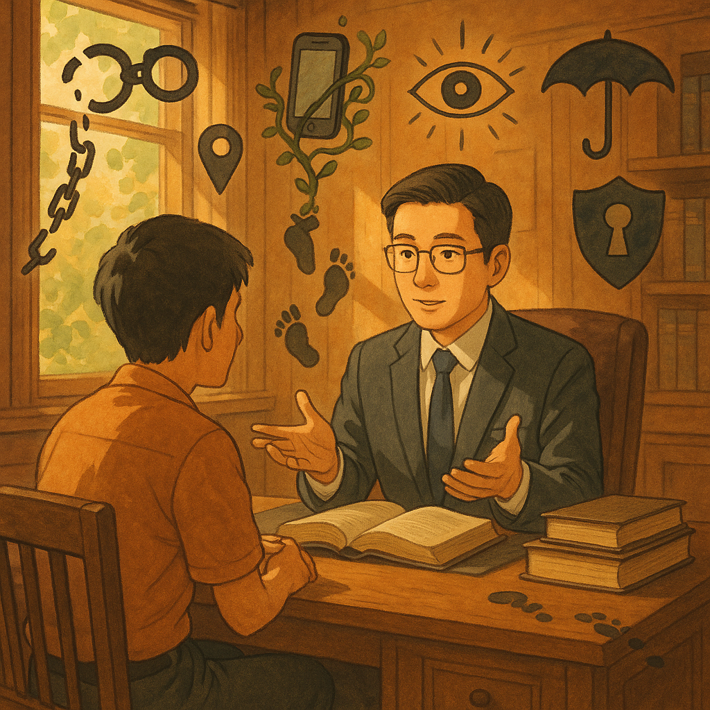 吉卜力風暖色場景中，台灣律師與民眾在木質辦公室諮詢；窗光灑落。周圍漂浮象徵：斷裂鎖鏈、手銬剪影、蔓藤化的手機與追蹤圖釘、監視眼、數位足跡、門鎖與保護傘。角色專注溫暖，現實與奇幻平衡，畫面無文字。