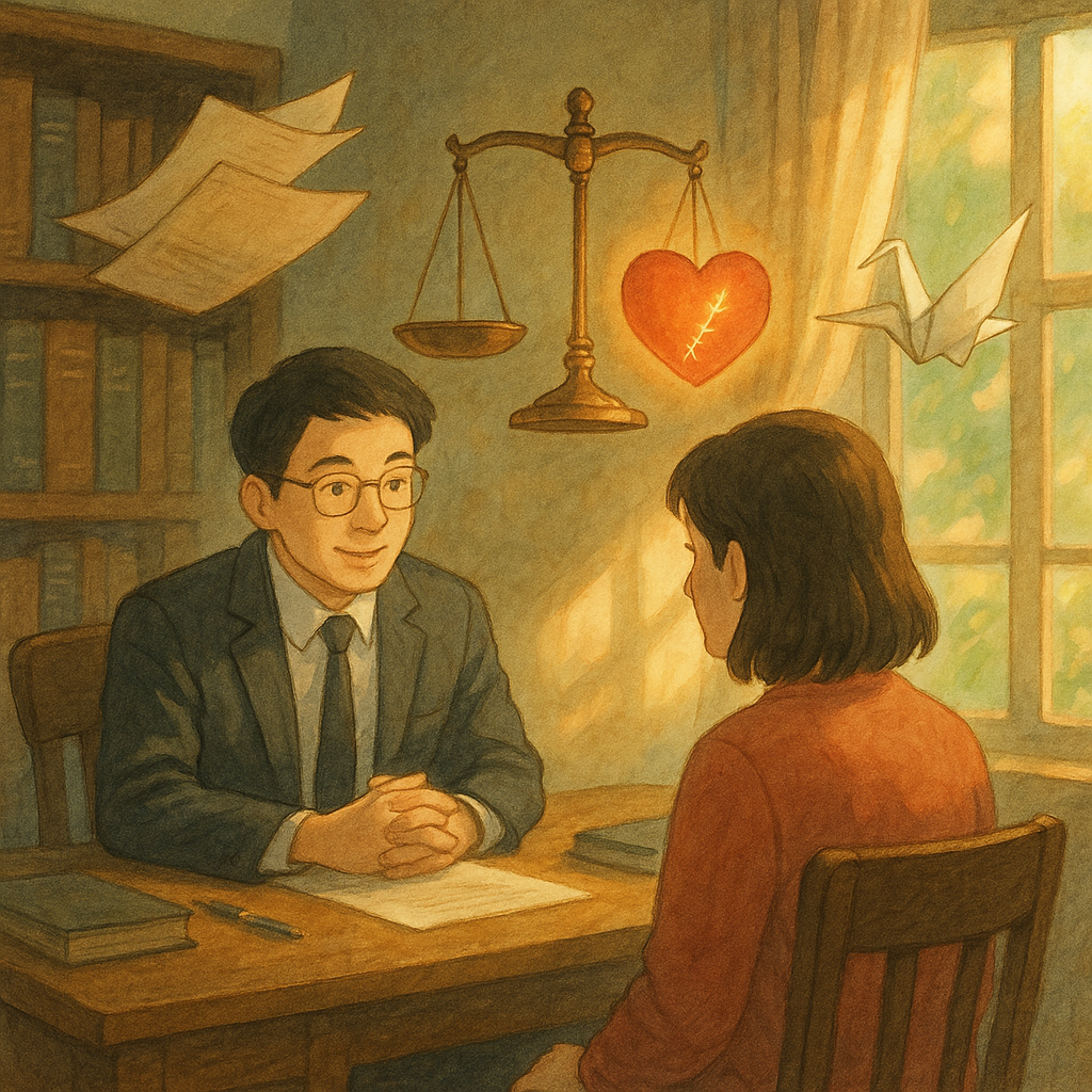 吉卜力風柔和手繪、電影感：溫暖事務所中台灣律師與當事人諮詢，神情細膩，天光灑落。天秤與發光被修補的心、漂浮卷宗與紙鶴象徵精神賠償求償與行動前路，細膩魔幻、無文字。