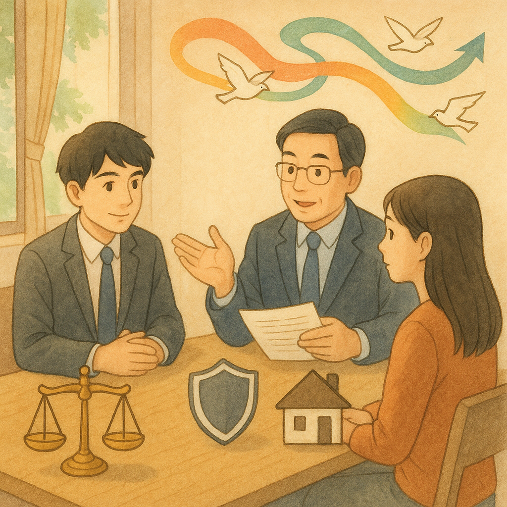 溫柔自然光下，兩位台灣人律師與當事人面談；桌上浮現天秤、盾牌與家屋圖示，象徵親密關係暴力保護。彩色語帶與飛鳥連結多語文件，指向申請路徑，手繪吉卜力感、無文字。