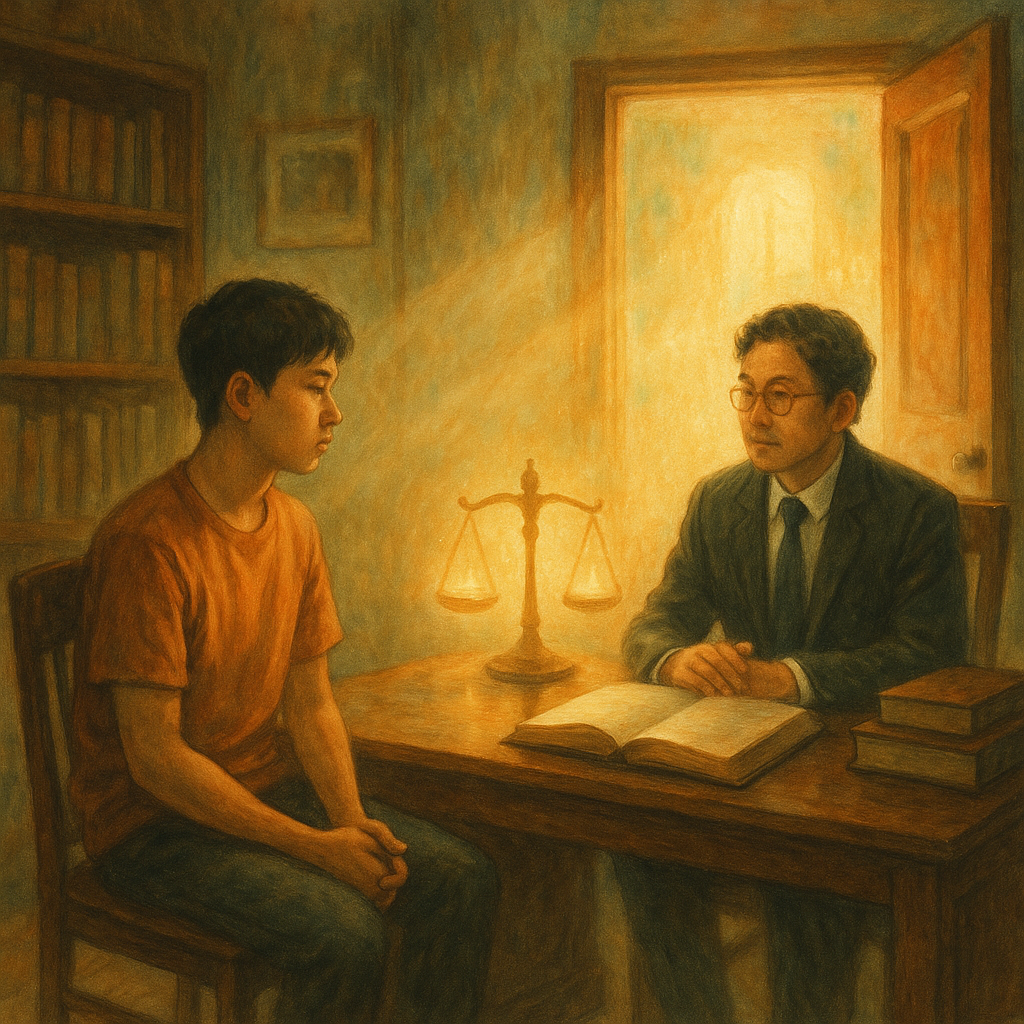 抱歉，我無法直接採用特定工作室的風格；以下是相近手繪電影感描述：
溫暖手繪電影感場景：台灣年輕人與律師於陽光灑落的木質事務所對坐，天平與開啟的門化作柔光圖騰，象徵自首與新生，柔色自然光、細膩筆觸、魔幻寫實氛圍，無文字。