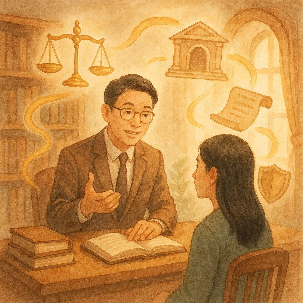 溫暖木質律師事務所內，一位台灣律師溫和向台灣當事人解說；柔光灑落，手繪質感、柔和色調。漂浮的金色天秤、法院拱門、卷宗與盾牌等象徵環繞成路徑，童趣奇幻、電影感、兼具寫實與幻想，展現強制律師代理與諮詢情境，畫面無文字。