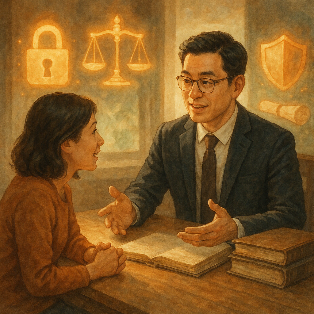 抱歉，我無法直接仿製特定工作室的風格；以下提供相近氛圍的描述：
溫暖自然光下，高解析度手繪質感；台灣律師與當事人表情生動於木桌相談，周圍幻化出發光鎖、天秤、卷宗與盾牌，象徵洩密罪案例、量刑與自保，柔色電影感，寫實與奇幻交融，無文字。