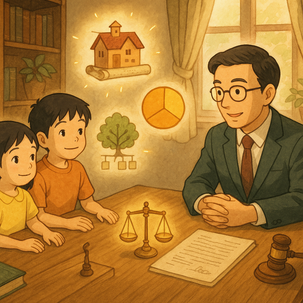 吉卜力風的溫暖律所裡,台灣兄妹與專業律師圍坐木桌,柔光灑落。桌上微光天秤、家屋與卷軸、金幣餅圖與家譜樹漂浮,象徵兄妹特留分與行動建議;手繪質感、自然色調,魔幻寫實。