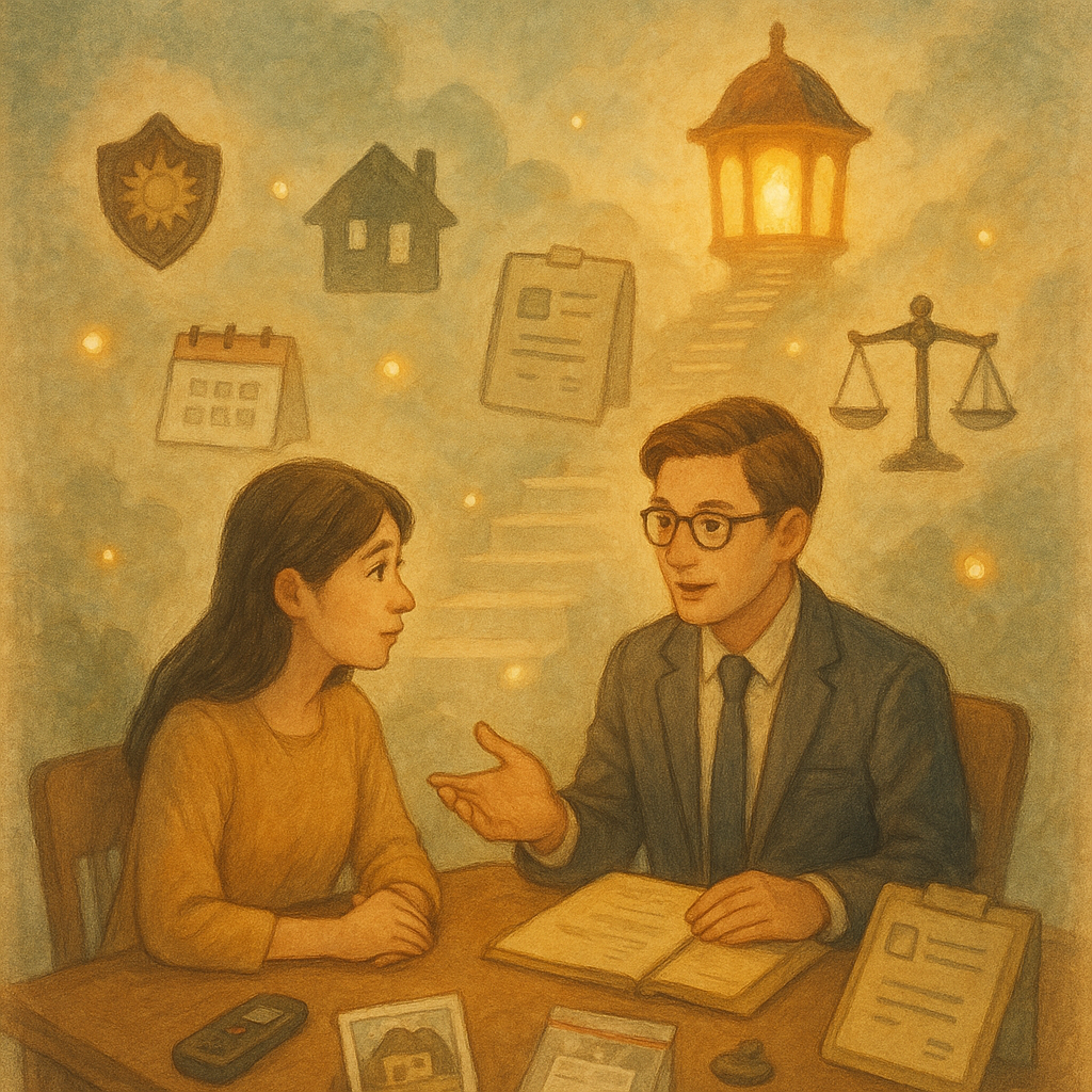 柔和自然光的手繪奇幻風:台灣女子與律師在溫馨諮詢,旁有錄音筆、相片、日曆、證物袋、病歷夾、警徽、家屋剪影與天平等符號漂浮,光點指引階梯步驟通往燈籠形法院;畫面無文字。