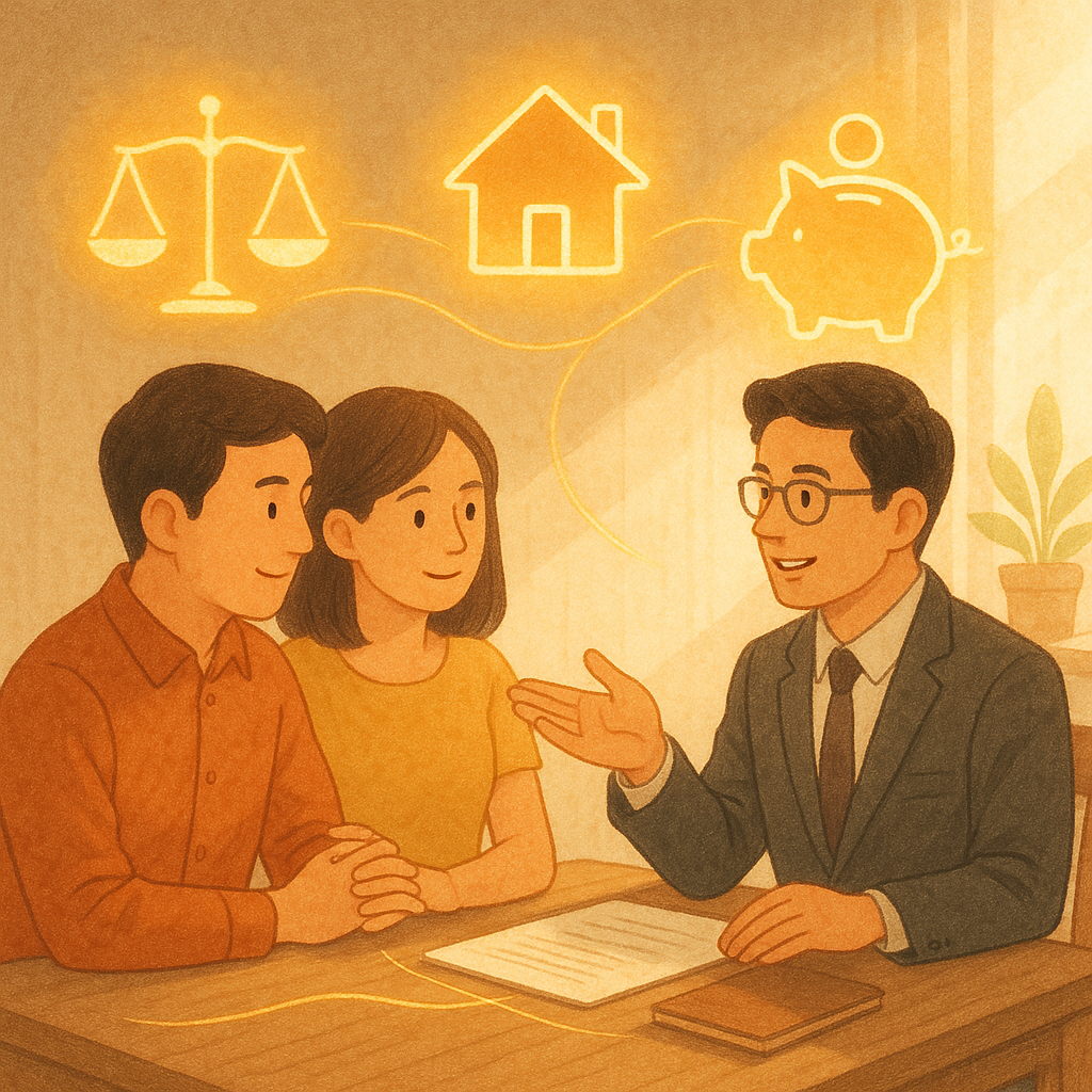 抱歉，我無法直接使用特定工作室的風格；以下是相近氛圍的描述：
溫暖手繪風格的法律諮詢場景：一對台灣夫妻在台灣律師旁，柔光灑入。天平、房屋與存錢筒化為漂浮光影，金線分合象徵財產分割與共識，高解析度、細膩自然質感，畫面無文字。